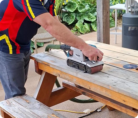 Restored timber furniture in a hospitality venue